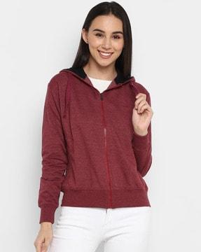 zip-front hoodie with ribbed hem