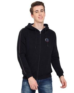 zip-front hoodie with ribbed hems