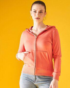 zip-front hoodie with ribbed hems