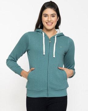 zip-front hoodie with ribbed hems