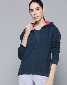 zip-front hoodie with ribbed hems