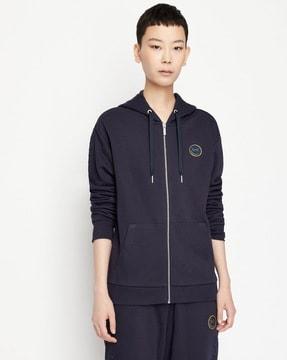 zip-front hoodie with smiley logo patch