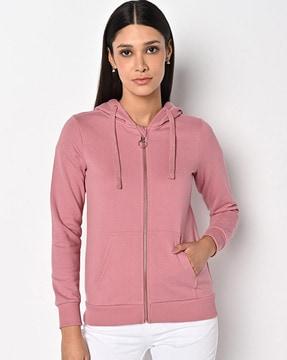 zip-front hoodie with split kangaroo pocket