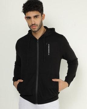 zip-front hoodie with split-kangaroo pockets