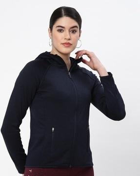 zip-front hoodie with split-kangaroo pockets