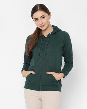 zip-front hoodie with split-kangaroo pockets