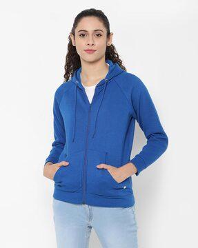 zip-front hoodie with split-kangaroo pockets