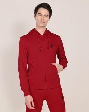 zip-front hoodie with split-kangaroo pockets