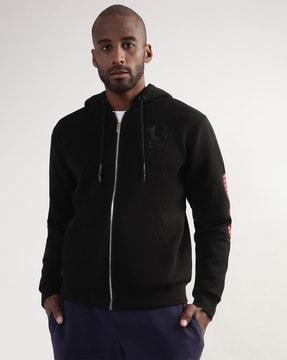 zip-front hoodie with split-kangaroo pockets