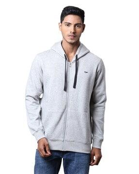 zip-front hoodie with split-kangaroo pockets