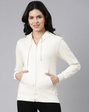 zip-front hoodie with split-kangaroo pockets