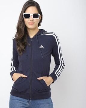 zip-front hoodie with striped sleeves