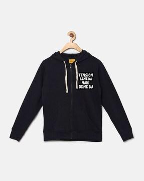 zip-front hoodie with typography