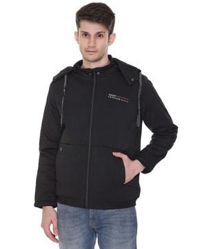 zip-front jacket with detachable hoodie