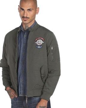 zip-front jacket with logo applique