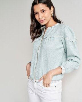 zip-front jacket with ruffle accent