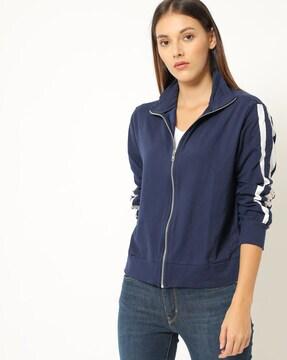 zip-front jacket with striped sleeves