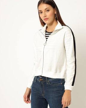 zip-front jacket with striped sleeves