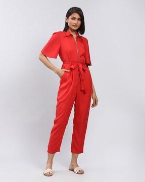 zip-front jumpsuit with belt