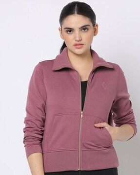 zip-front knit jacket with kangaroo pocket