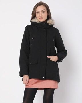 zip-front parka jacket with fur-lined hood