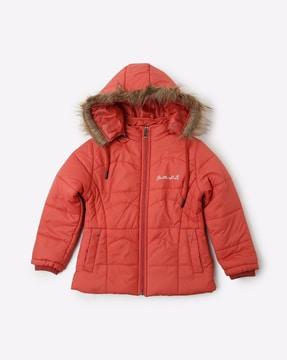 zip-front puffer jacket with detachable hood