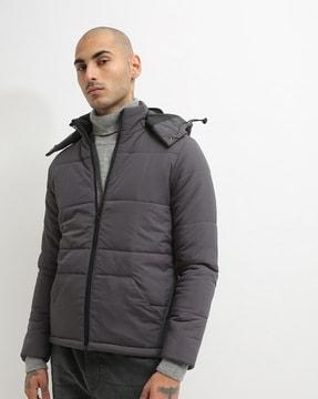 zip-front puffer jacket with detachable hood