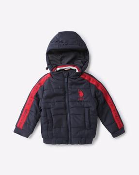 zip-front puffer jacket with detachable hood