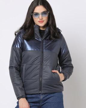 zip-front puffer jacket with insert pockets