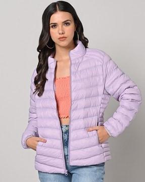 zip-front puffer jacket with raglan sleeves