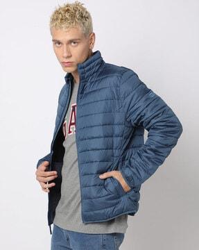 zip-front puffer jacket with side pockets