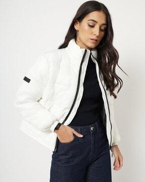 zip-front puffer jacket with slip pockets