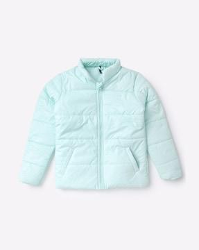 zip-front puffer jacket with slip pockets