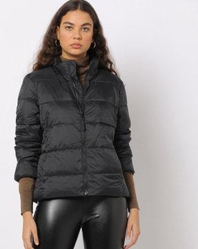 zip-front puffer jacket with slip pockets