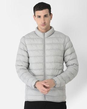 zip-front puffer jacket with slip pockets