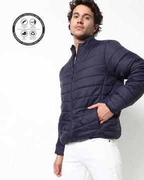 zip-front puffer jacket with zip pockets