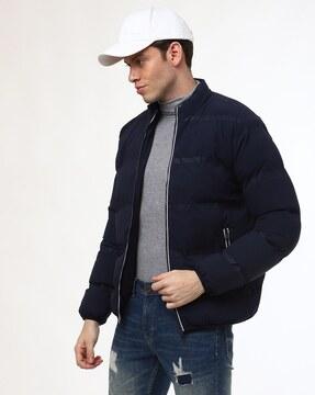 zip-front puffer jacket with zipper pockets