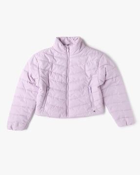 zip-front puffer jacket with zipper pockets