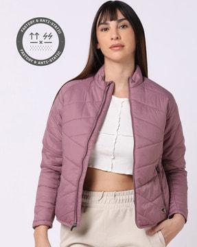 zip-front puffer jacket with zipper pockets