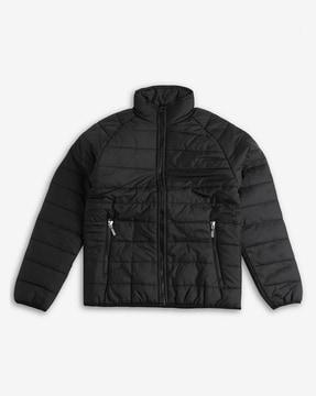 zip-front puffer jacket with zippered pockets