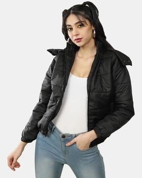 zip-front quilted jacket with detachable hood