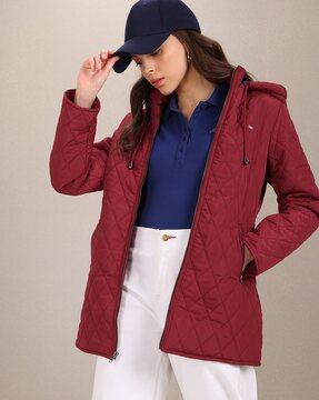 zip-front quilted jacket with hood