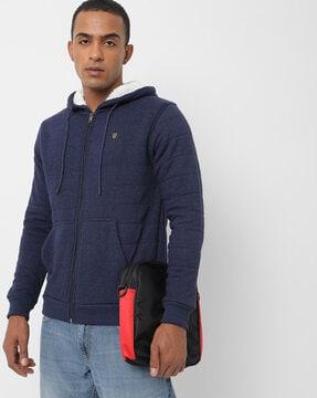 zip-front quilted sweatshirt with sherpa lined hood