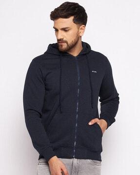 zip-front ribbed hems hoodie