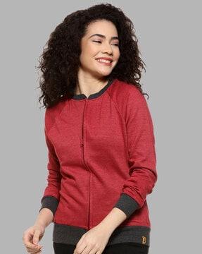 zip-front ribbed hems sweatshirt