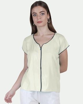 zip-front round-neck top