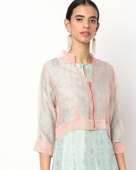zip-front sheer shrug with stand collar