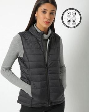 zip-front sleeveless puffer jacket with slip pockets