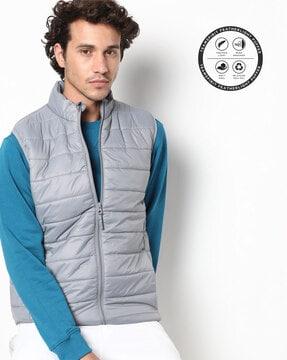 zip-front sleeveless puffer jacket with zip pockets