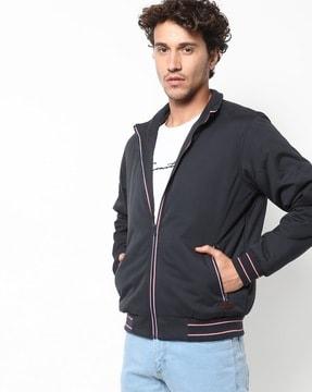 zip-front slim fit jacket with contrast trims
